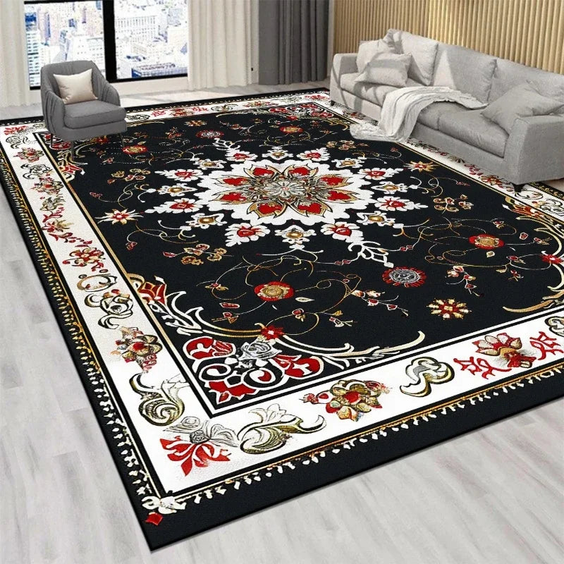 tapis persan luxe rouge noir blanc bleu motif floral classique salon chambre décoration maison