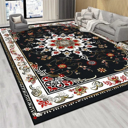 tapis persan luxe rouge noir blanc bleu motif floral classique salon chambre décoration maison