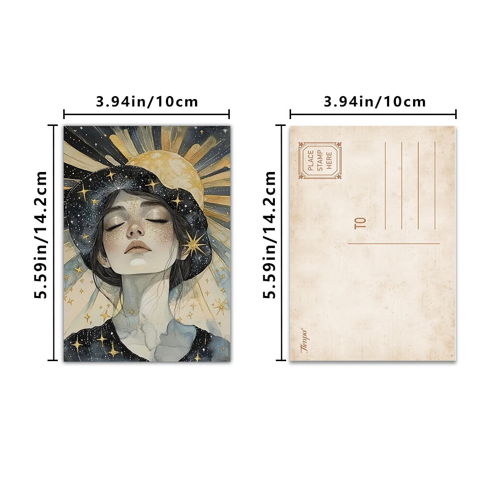 cartes postales illustratives art nouveau soleil lune femmes enveloppes stylo plante decoration chambre