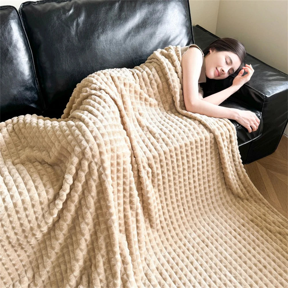 couverture polaire rayée beige bleu marine rose douce hiver adulte maison opacité confortable