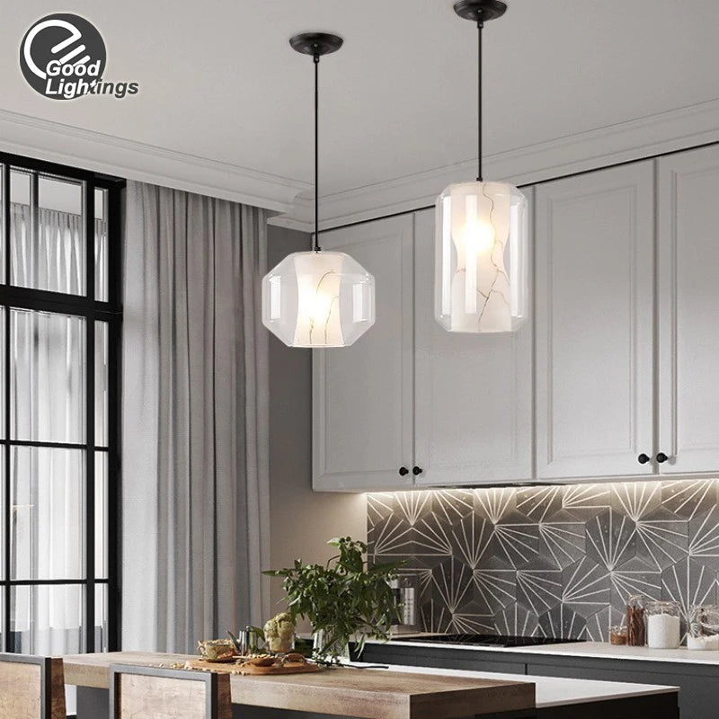 lampe suspendue moderne blanc gris texture dolomite câble ajustable led verre transparent chambre salon