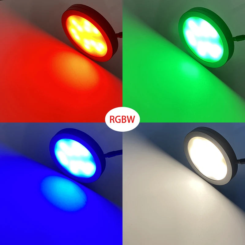 spot led rgbw ultra mince rond montage surface cuisine armoire bijoux blanc noir argent