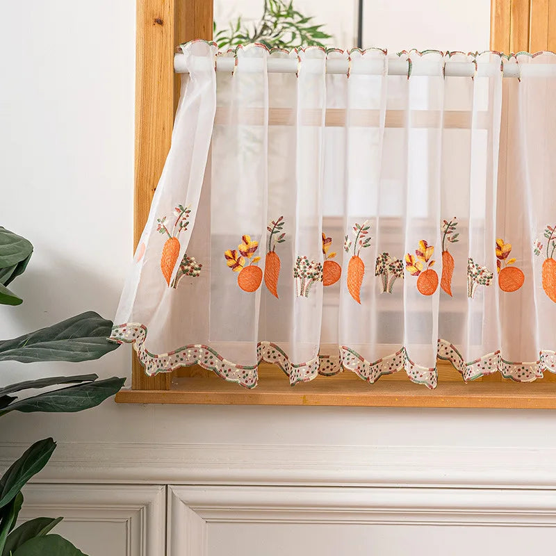 rideau floral transparent polyester motifs géométriques blanc orange vert rouge