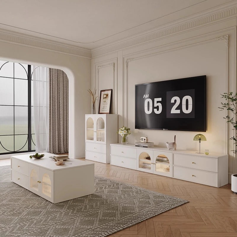 meuble tv blanc moderne plateau bois armoires porte support salon