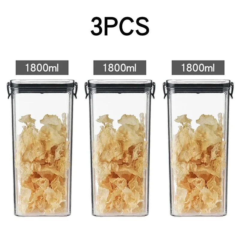 boîtes rangement alimentaire transparentes poignées noires multiple tailles réutilisables modernes pratiques épices pâtes graines