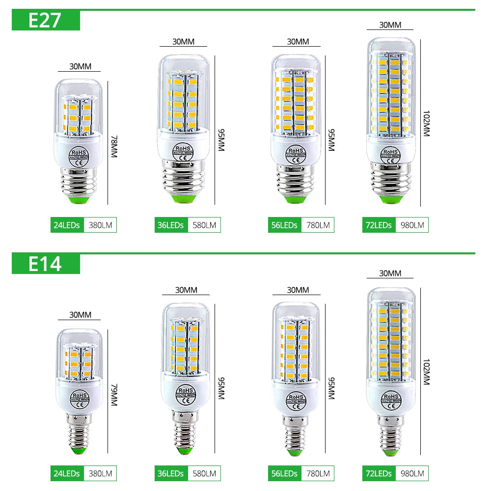 ampoules led e27 e14 36 56 72 diodes blanc vert grains maïs moderne transparent