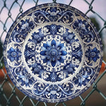 plaque murale classique floral détaillée bleu blanc métal ø20cm imperméable