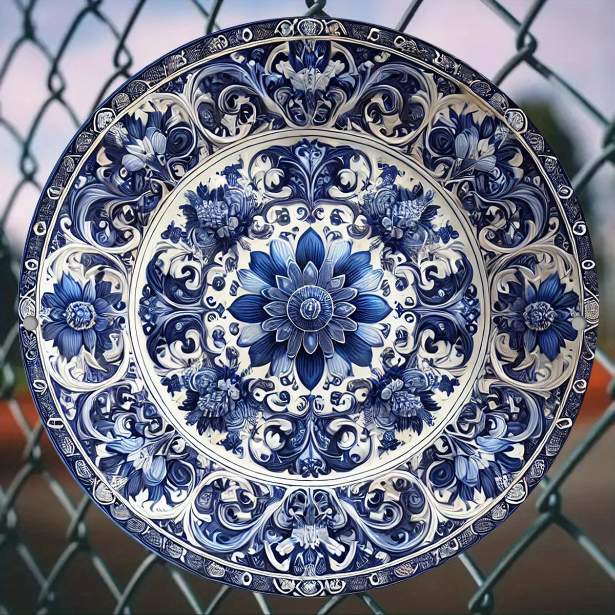 plaque murale classique floral détaillée bleu blanc métal ø20cm imperméable