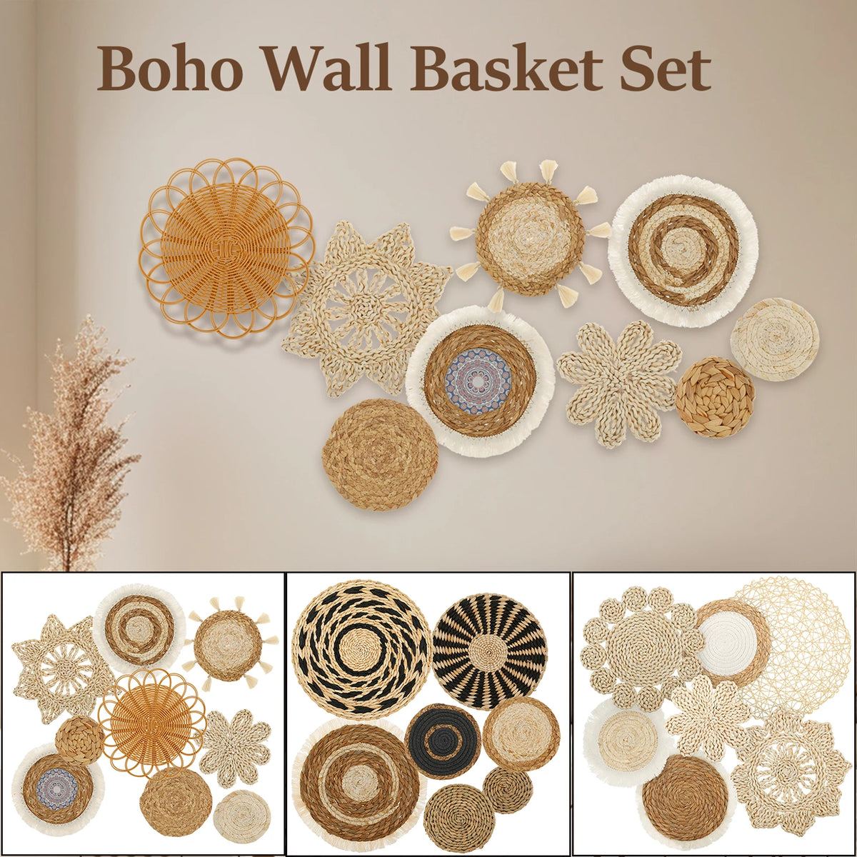 paniers décoratifs boho mur naturel spirales rayures géométriques chambre salon