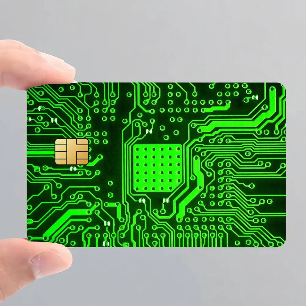carte bancaire personnalisée adhésive circuit imprimé vert fond noir étanche résistante rayures empreintes digitales
