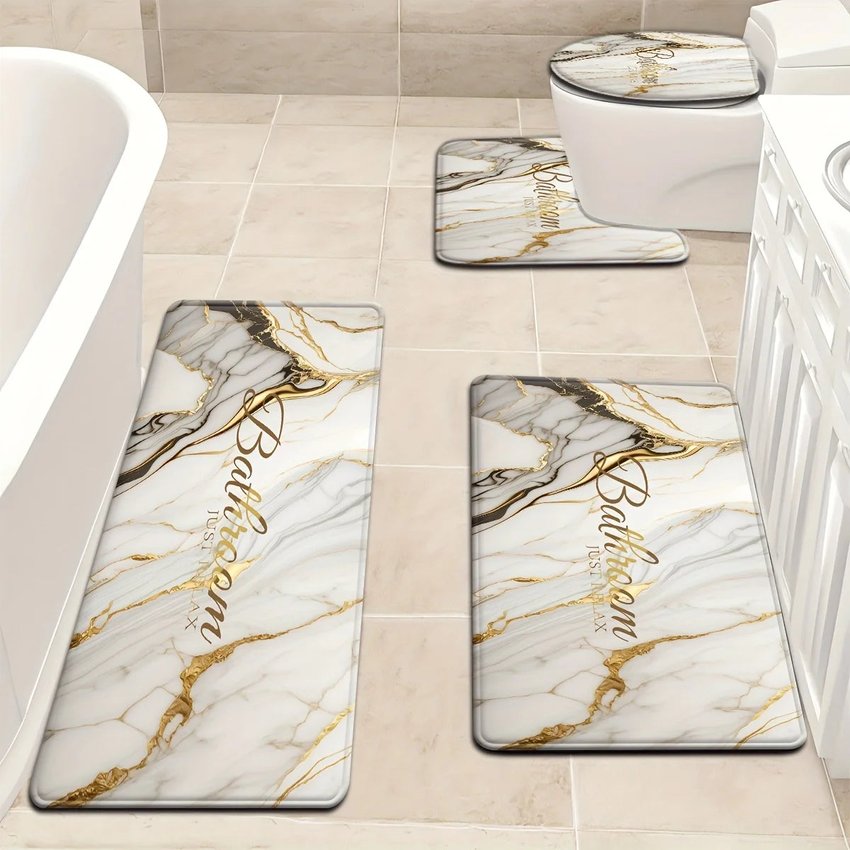 tapis salle bain imitation marbre doré moderne couvercle siège toilette or blanc luxueux