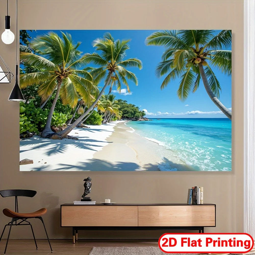 affiche murale paysage marin palmiers ciel bleu plage blanche métalliques chambre salon decoration française
