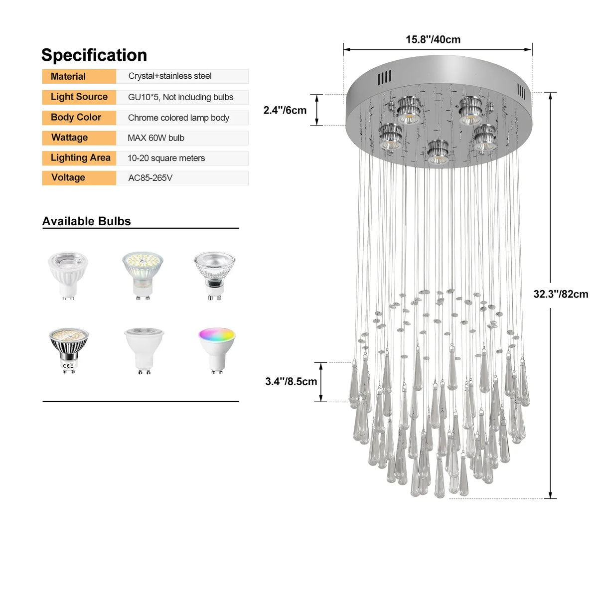 lustre suspendu moderne cristal argenté gouttes transparentes intérieur luxe