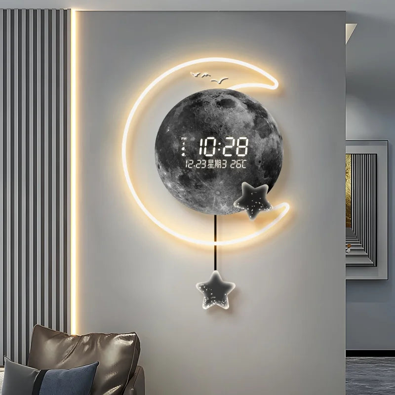 horloge murale moderne lune étoiles motifs galactiques gris blanc doré éclairage cuisine salle manger
