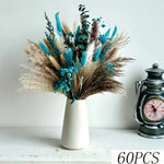 bouquet fleurs séchées naturel plumes feuilles vert bleu turquoise vase blanc décoration maison anniversaire