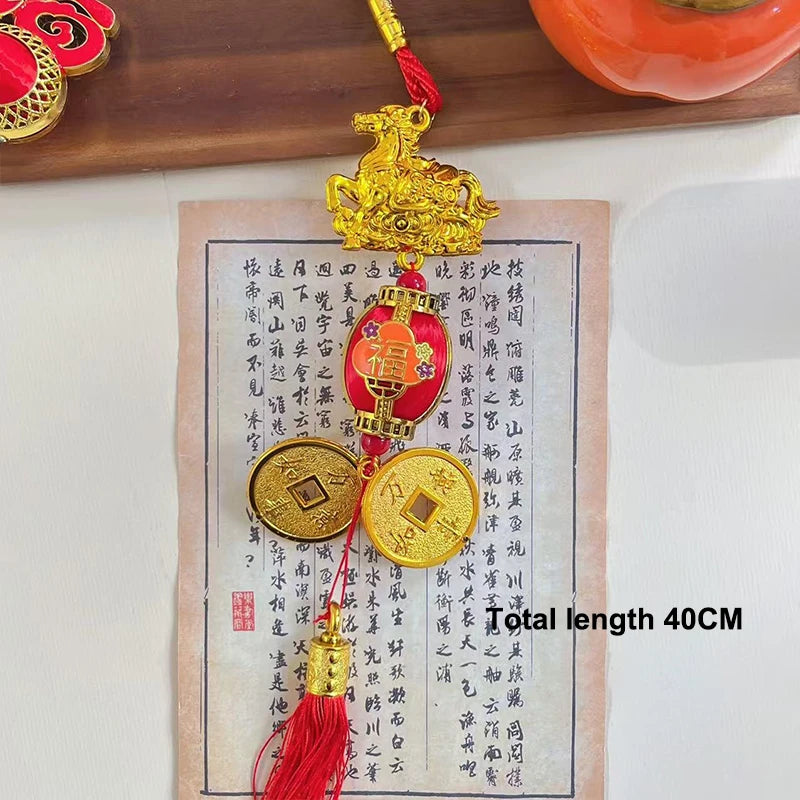 décoration murale traditionnelle chinoise motifs floraux or rouge blanc pièces d'or rubans pompons caractères