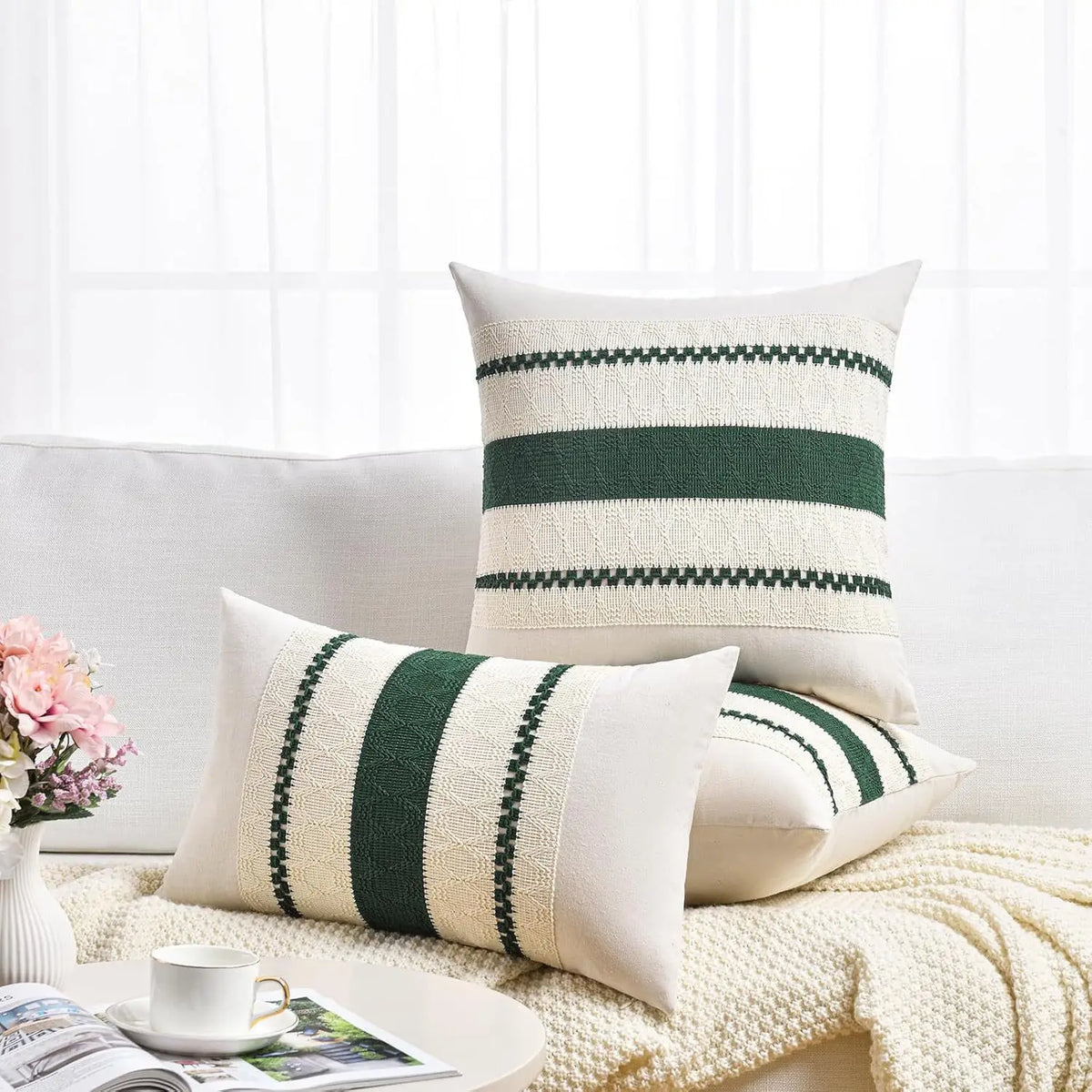 taies d'oreiller boho rayures horizontales beige bleu marine coussins lit non toxiques