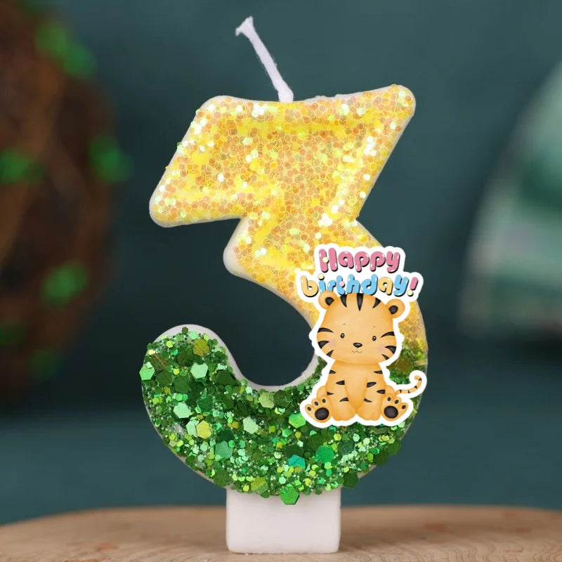 bougies anniversaire numérotées or pailleté vert blanc décoratives fêtes enfants tigre mignon happy birthday