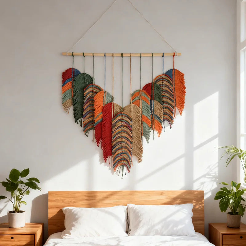 tapisserie murale multicolore motifs plumes boho chic tissage main coton naturel fixations suspension salon