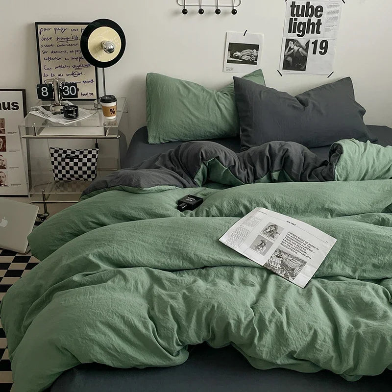 ensemble literie vert olive gris moderne housse couette fermeture éclair deux taies d'oreiller drap