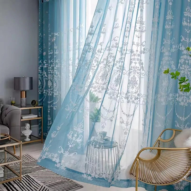 rideau bleu clair brodé transparent fenêtre classique chambre salon isolation thermique
