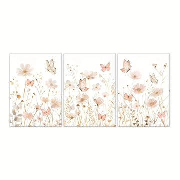tableaux toile imprimés motifs fleurs papillons moderne minimaliste blanc beige rose pâle sans cadre