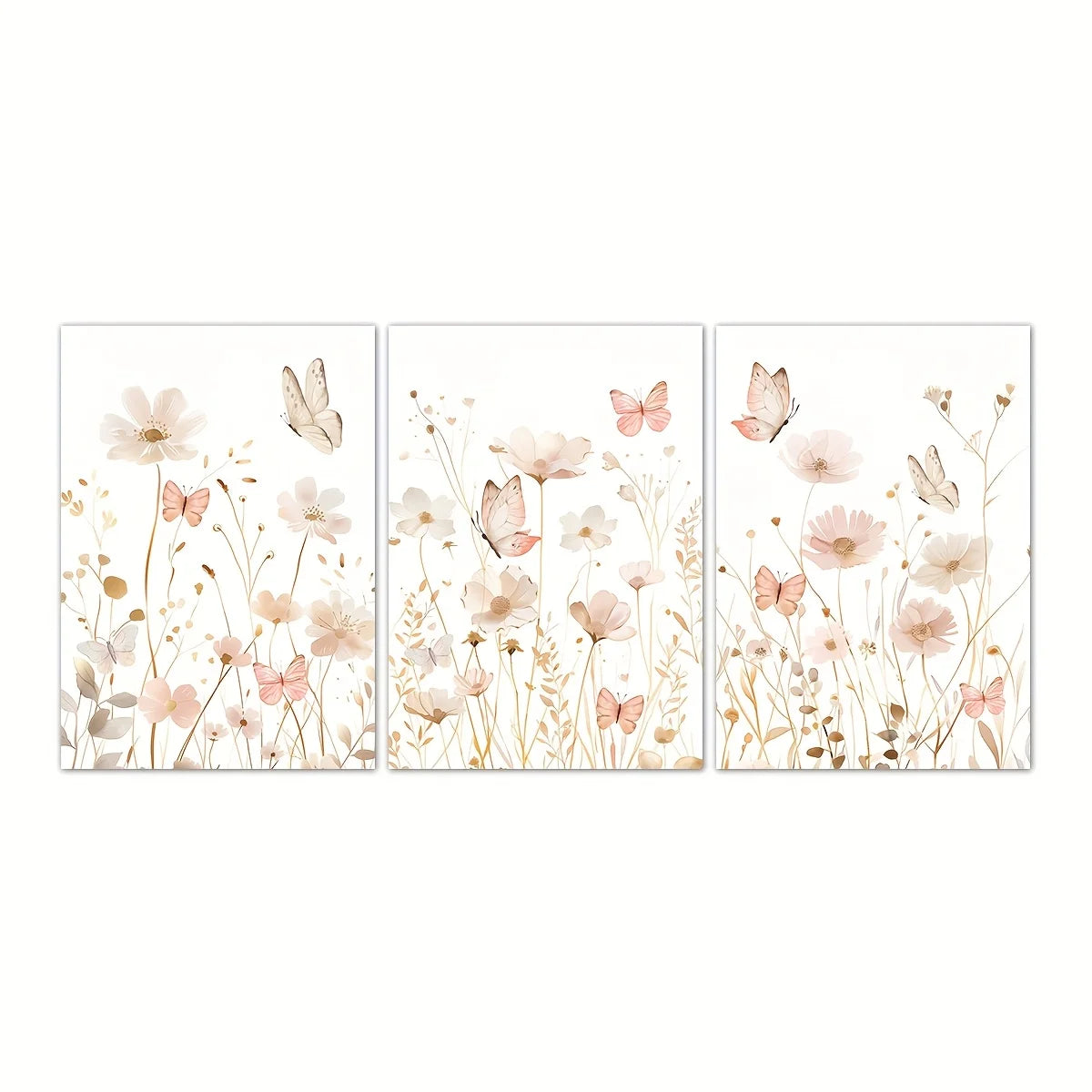 tableaux toile imprimés motifs fleurs papillons moderne minimaliste blanc beige rose pâle sans cadre