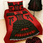 ensemble literie drap housse couette taies oreillers rouge noir gris clair motifs volants rubans