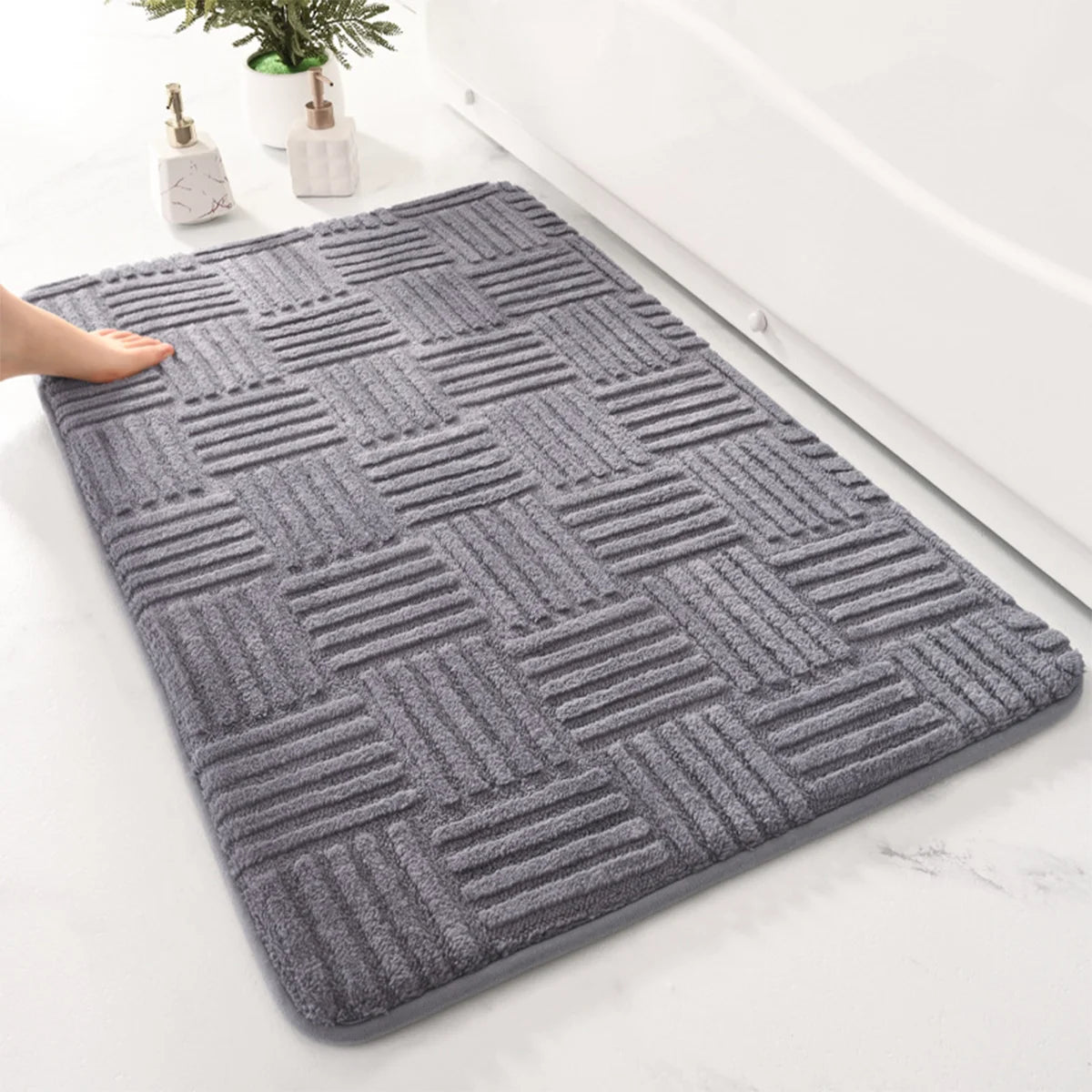 tapis bain gris rayures horizontales polyester moderne antidérapant salle bain douche 40x60cm 50x80cm
