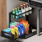 rangements étagères sous évier blancs grille métallique pull out storage moderne pratique fixations murales