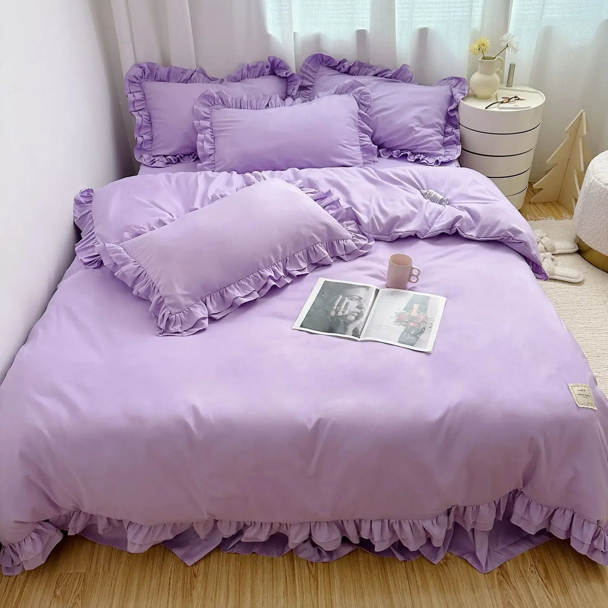 ensemble literie coton brossé ruffles romantique noir rose gris vert beige taies oreillers couverture