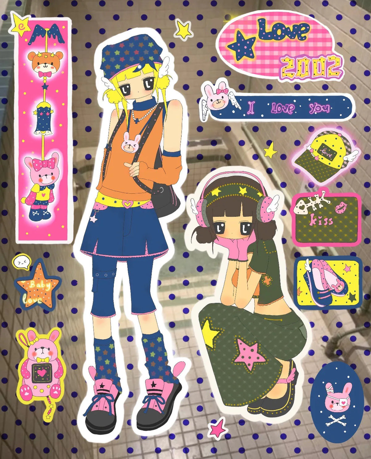 stickers dessin animé filles motifs colorés personnages doux accessoires variés animes vibrant palette couleursscrição