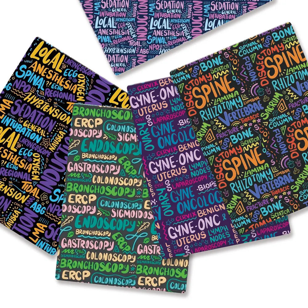 tapis souris médical motif mots bleu violet jaune rose vert orange blanc