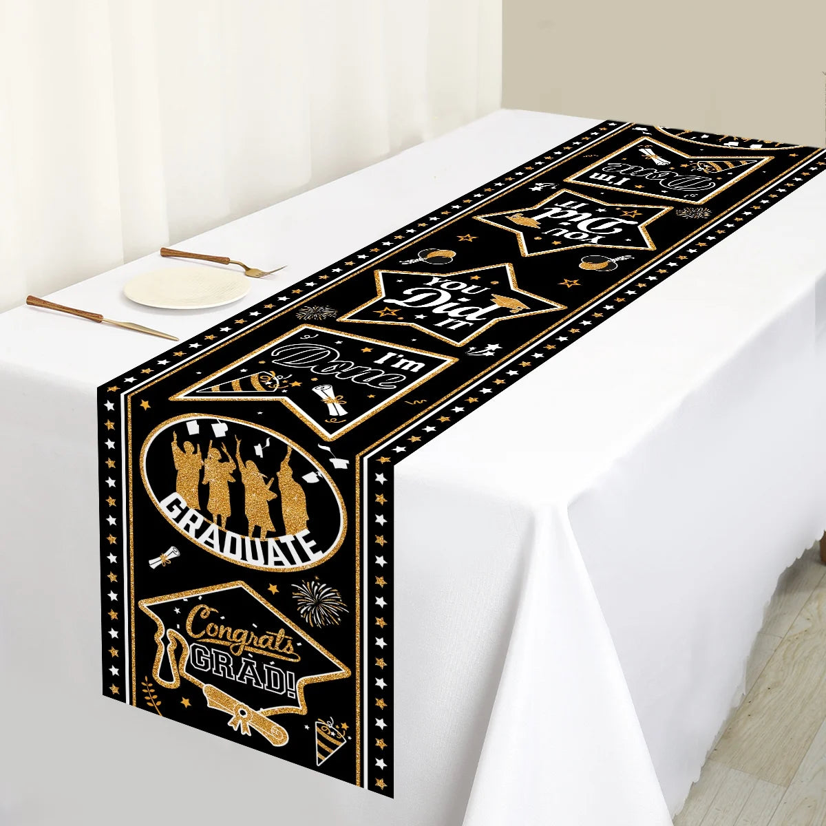 nappe table fête remise diplôme motifs cérémonie confettis étoiles feu artificiel polyester noire or