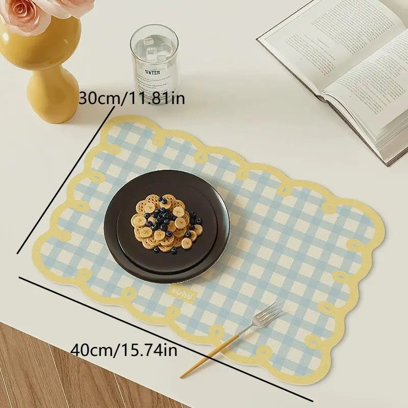 tapis table moderne carreaux bleu clair blanc jaune motif géométrique imperméable décoratif