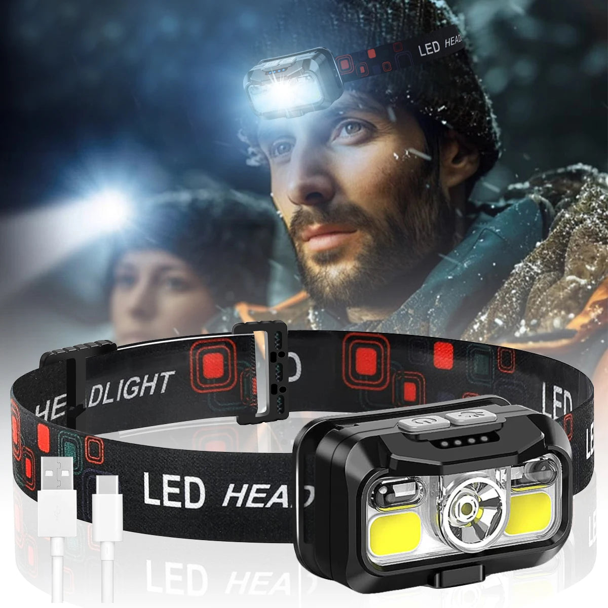 lampe frontale led rechargeable noire bande ajustable carrés rouges blancs modes capteur mouvement étanche