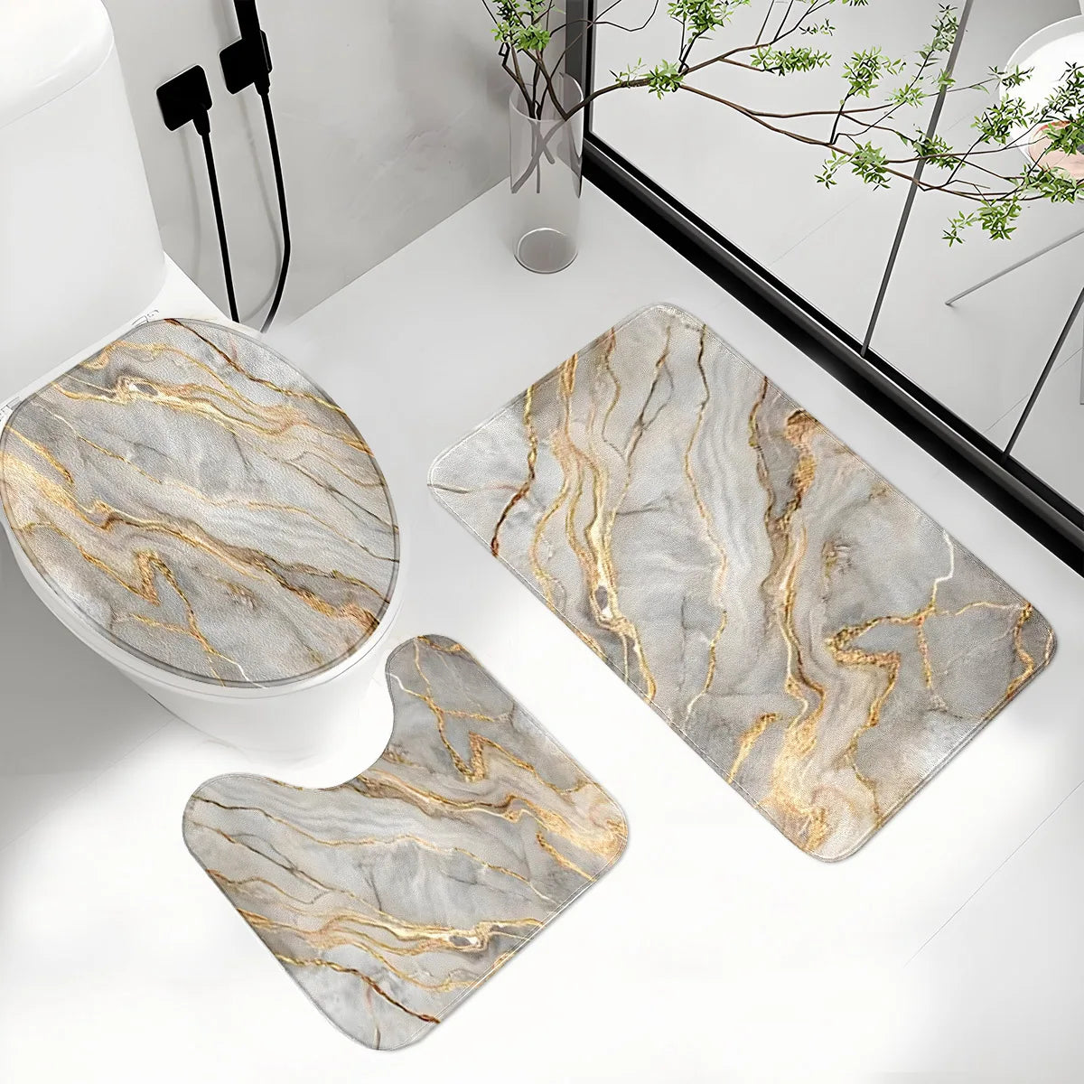 tapis toilette ensemble moderne gris doré marbre veines adhésif salle bain trois pièces flanelle