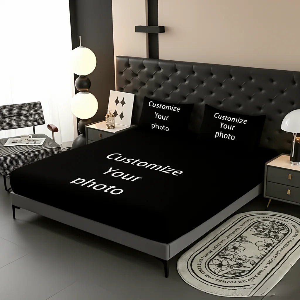 ensemble literie personnalisé noir moderne drap housse deux taies oreiller lisse mat minimaliste imprimé