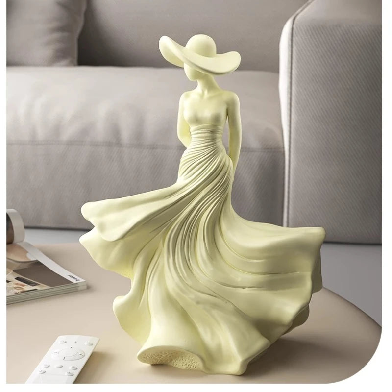 statue décorative femme robe rose élégante verte moderne sculpture résine