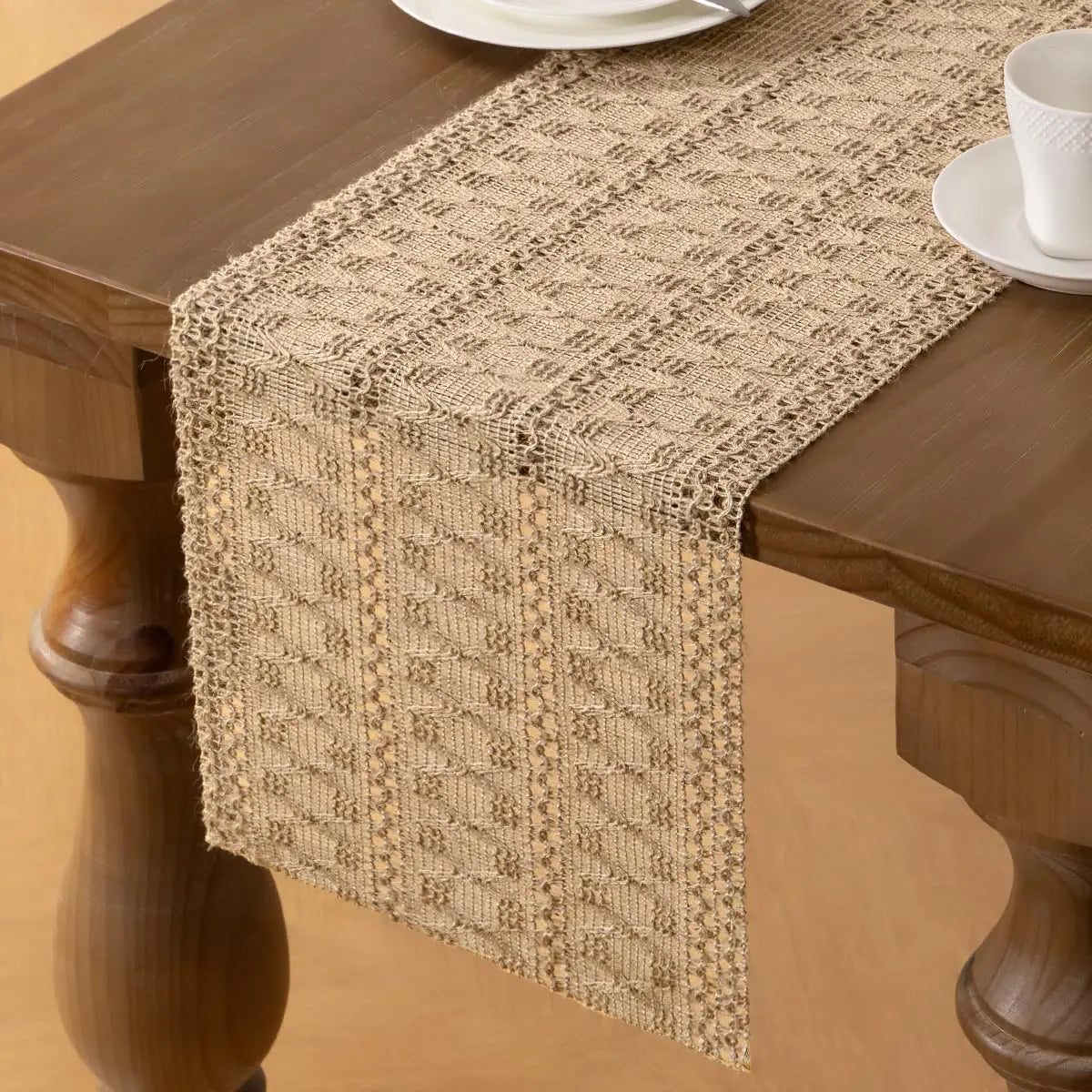 chambre coucher salon chemin table jute tissu rustique géométrique beige clair grande table