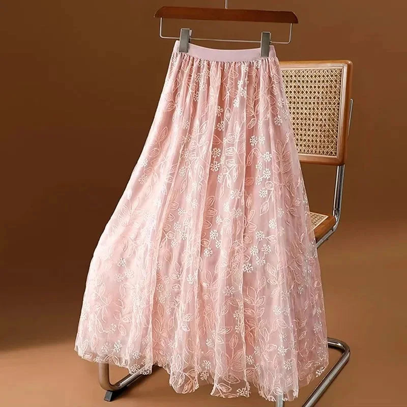 jupe bohème florale tulle violet bleu clair blanc vert pastel rose pâle elastique dentelle