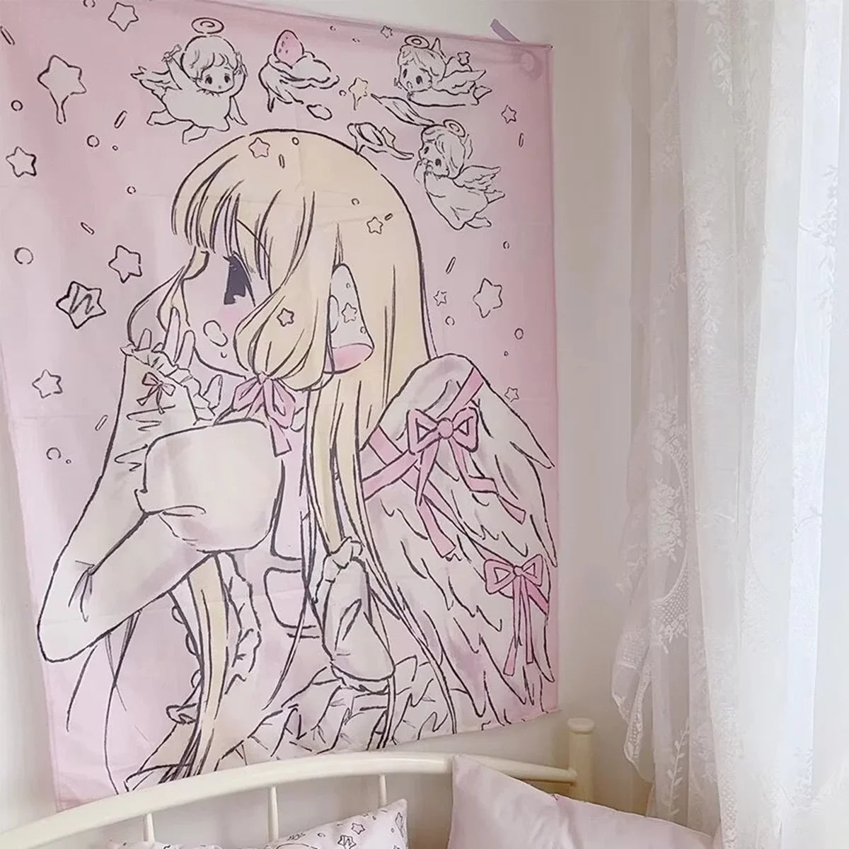 tapisserie anime rose fille ailes étoiles ange chambre décoration mur fond opaque