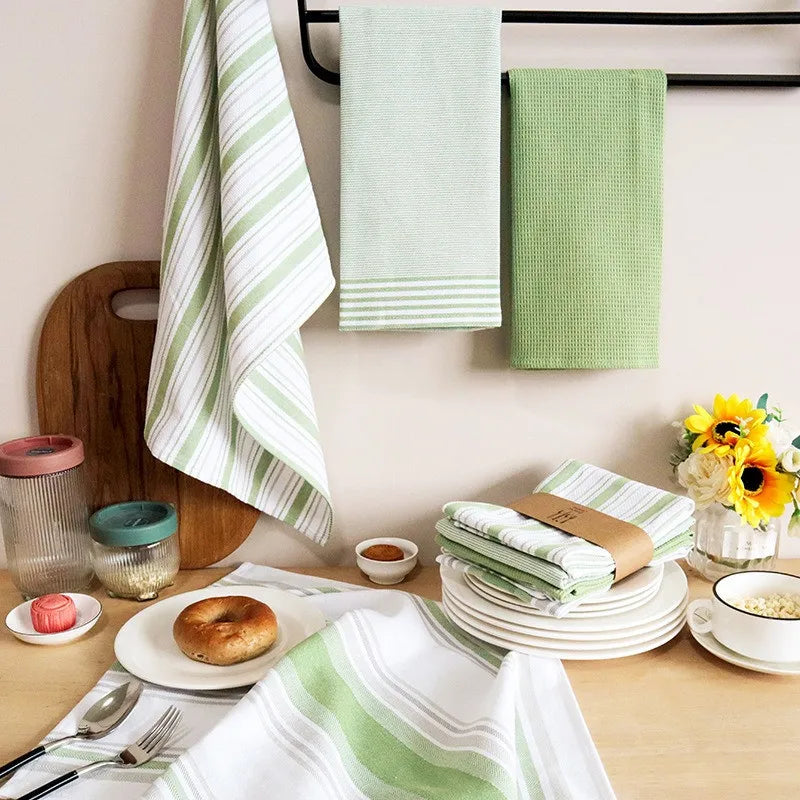 serviettes cuisine rouge vert blanc beige noir rayures horizontales absorption coton rapide moderne pack