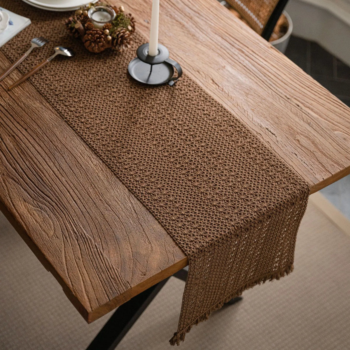 chemin table marron clair maille fine franges rustique 100% lin solide opacité maison decoration