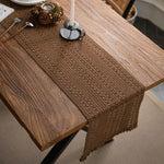 chemin table marron clair maille fine franges rustique 100% lin solide opacité maison decoration