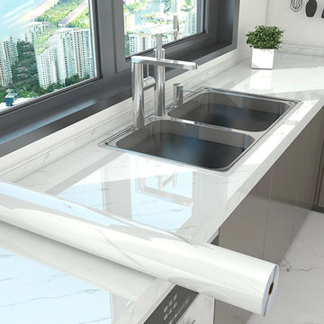 film adhésif décoratif marbre blanc meuble cuisine mur carrelage protection étanche moderne