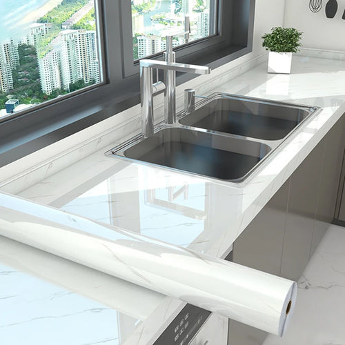 film adhésif décoratif marbre blanc meuble cuisine mur carrelage protection étanche moderne