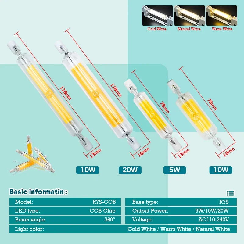 ampoule led r7s filament cob tube verre blanc chaud lumière jardin maison moderne basse