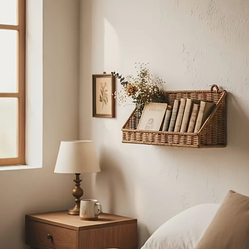panier osier tressé marron clair rustique naturel adhésif mural salle bain chambre salon