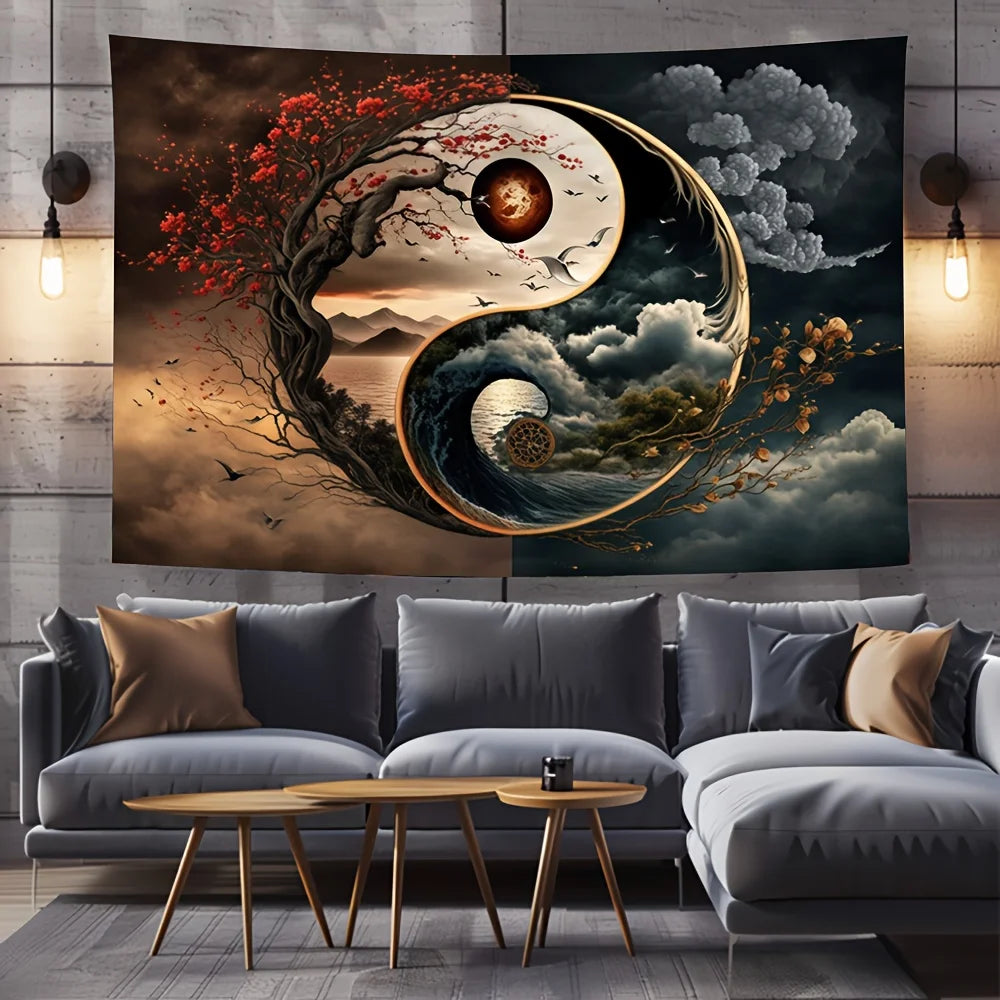 tapisserie multicolore yin yang arbre paysage oiseaux nuages contemporain oriental clips sac rangement